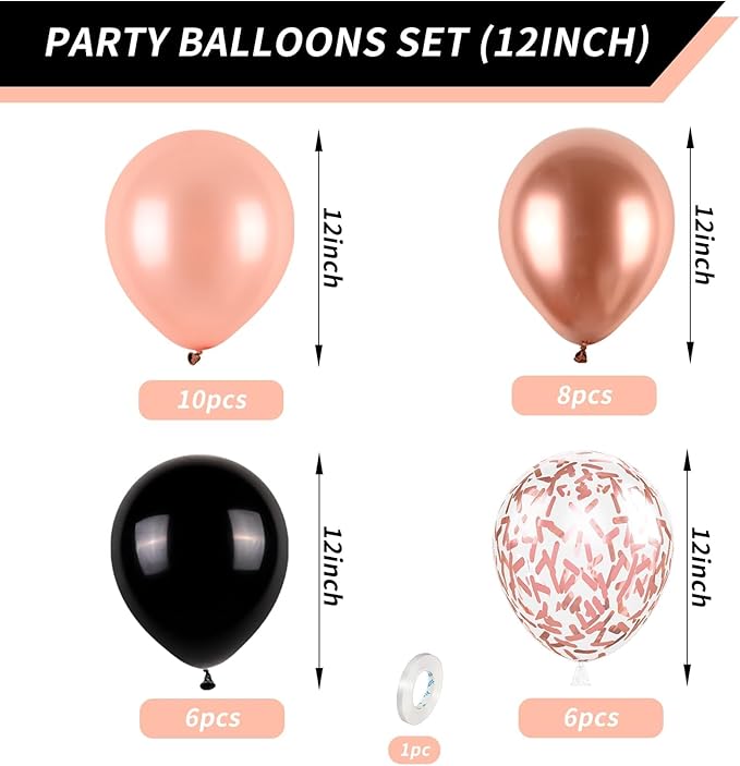 Rose Gold and Black Balloons Set, 12 inch Metallic Rose Gold Balloons Pearl Rose Gold Confetti Balloons Black Latex Balloons Party Balloons for Birthday Baby Shower Wedding Party Decorations