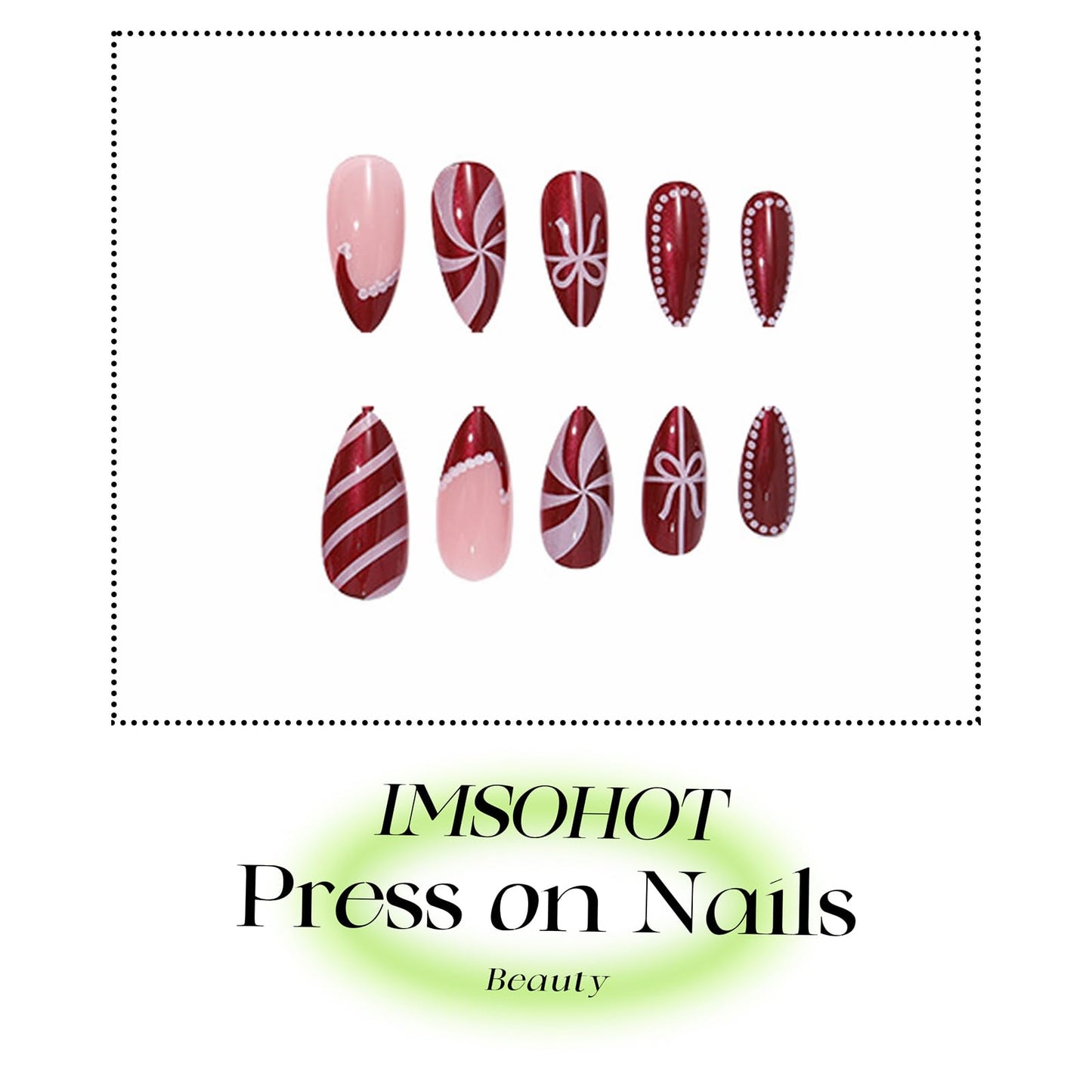 IMSOHOT Red Press on Nails Medium Almond Fake Nails Glossy Glue on Nails Full Cover Acrylic False Nails for Women Girls 24Pcs