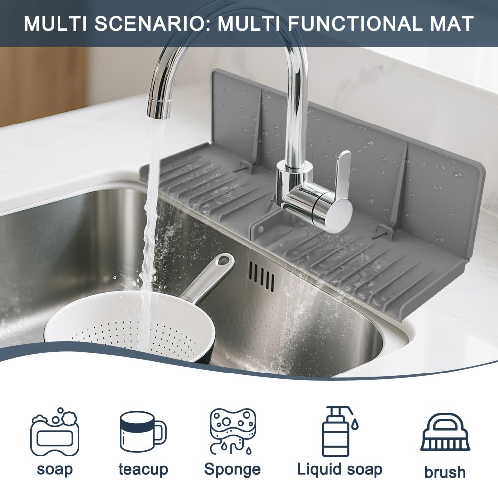 Silicone Faucet Drip Catcher Tray Mat - Upgraded Design - Sink Backsplash Guard Behind Faucet, Silicone Faucet Mat for Dish Soap Sponge Holder, Kitchen Counter Bathroom Kitchen Sink Splash Guard -Grey