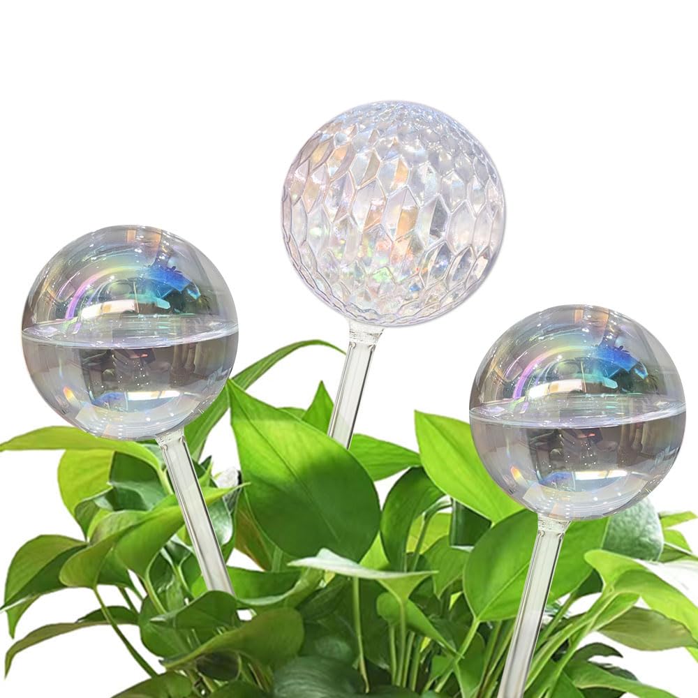 17 Oz 2 Weeks Glass Plant Watering Globes Large Vacation Water While Away Indoor Outdoor Potted Plant Slow Release Self Watering Bulbs Devices Planter Insert (Iridescent Large 3-Pack)