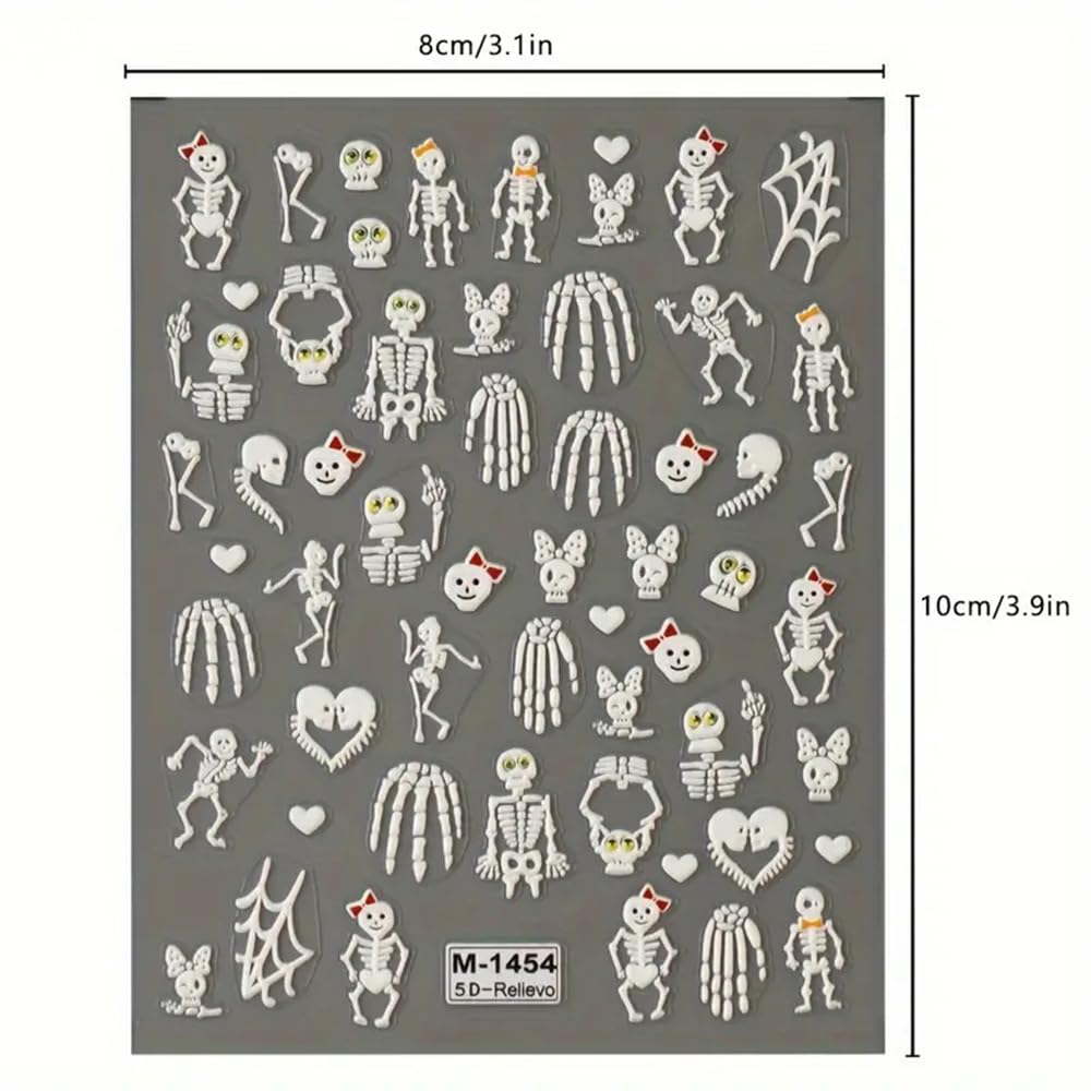 2 Sheets Halloween 5D Embossed Nail Art Stickers - Skeleton, White Skull Nail Stickers with Spider Web Heart Design - Self-Adhesive Horror Decals for Women - Art Supplies and Decorations