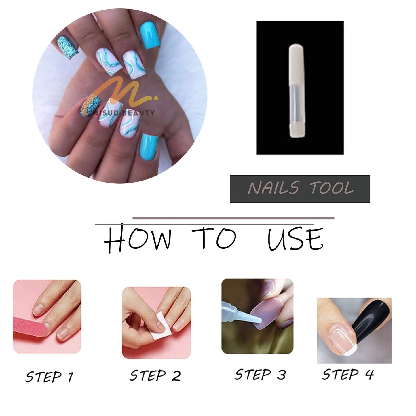 MISUD Press on Nails - Short Square Fake Nails with Summer Blue Swirl, Acrylic Bling Glitter Design 24 pcs