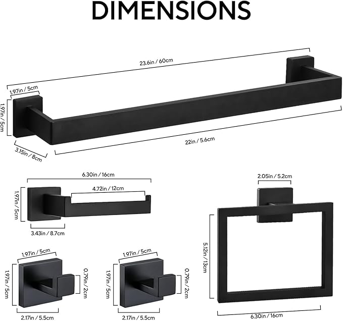 5 Pieces 23.6-Inch Bathroom Hardware Accessories Set,Black TStainless Steel Bathroom Hardware Set,Bath Towel Bar Kit