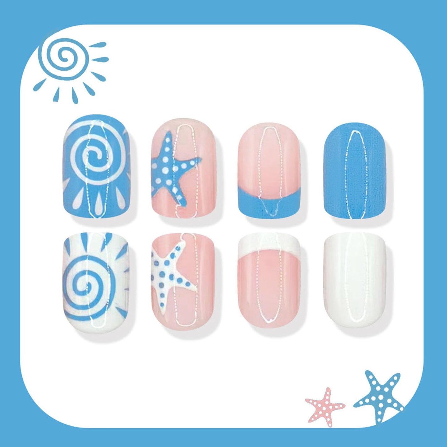 French Tip Press on Nails Short Square Fake Nails with Starfish White Swirl Designs Nails Press ons Blue Glue on Nails Cute Acrylic Nails Summer Stick on Nails for Women 24Pcs