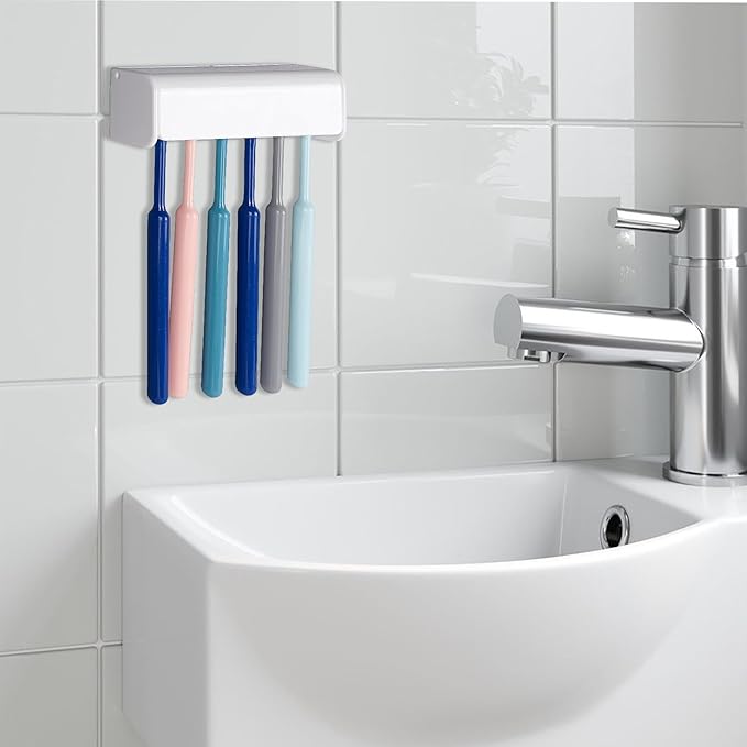 6 Slots Wall Mount Toothbrush Holder with Cover, Self Adhesive Toothbrush Storage Organizer for Shower, Toothbrush Hanger for Bathroom, Medicine Cabinet, Dorm