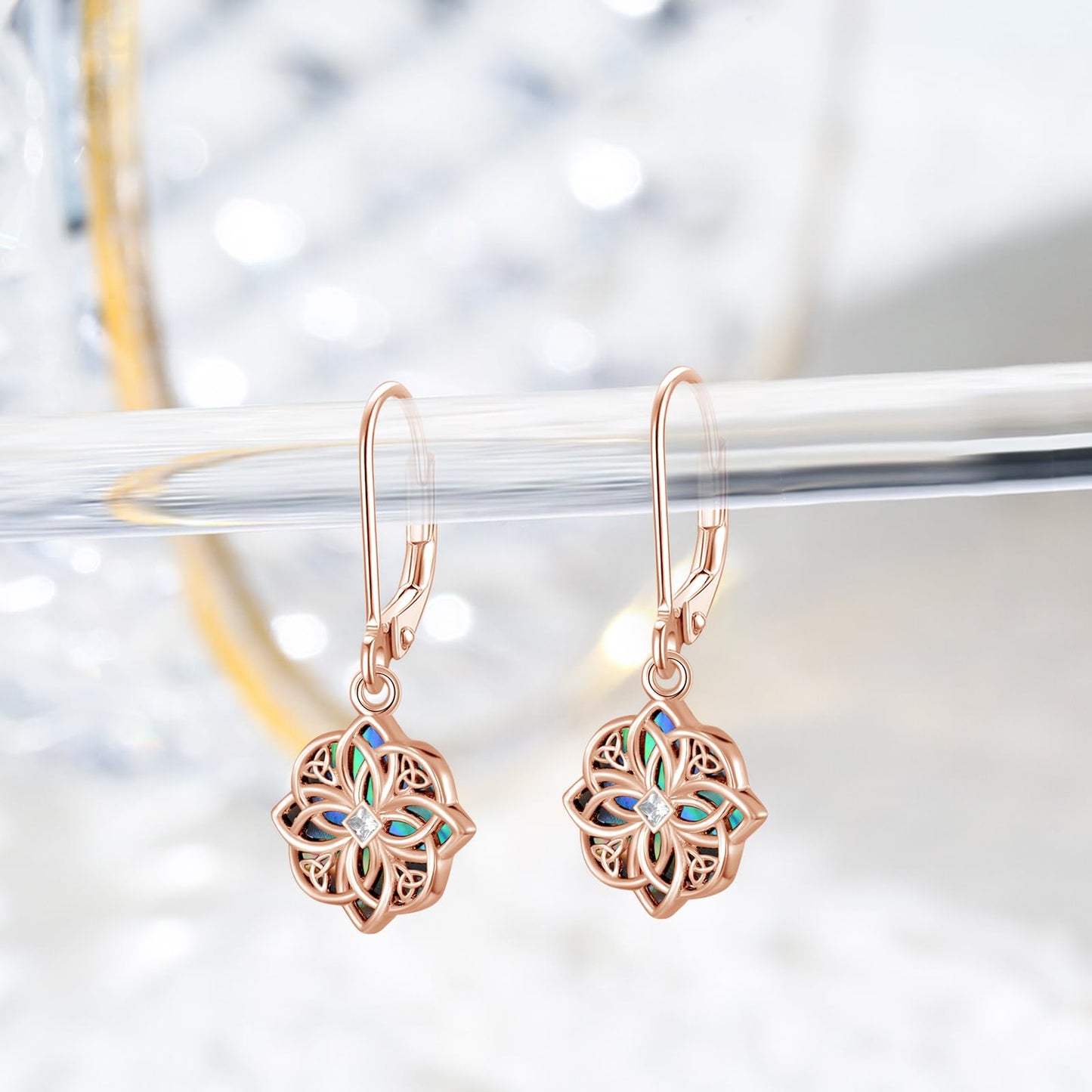 PARYFO Rose Gold Celtic Knot for Women Witches Knot Dangle Earrings with Abalone Good Luck Irish Celtic Knot Vintage Dangles for Women