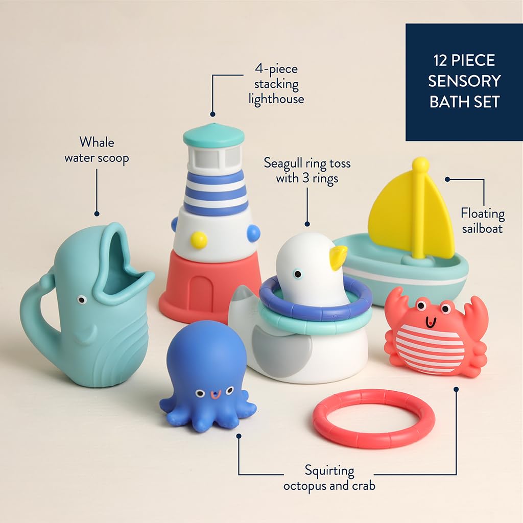 Itzy Ritzy Bathtime Gift Set – 12-Piece Baby Bath Toys for Infants & Toddlers – Stacking Lighthouse, Ring Toss, Scoop, Squirters & Sailboat – Develops Motor Skills & Teaches Cause & Effect (Nautical)