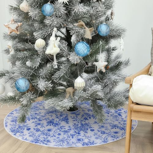 Blueweenly Blue and White Chinoiserie Christmas Tree Skirt 48 Inch Vintage Retro Chinoiserie Fabric Tree Skirt Cover Mat Farmhouse Decor for Xmas Holiday Party Decorations Indoor Outdoor