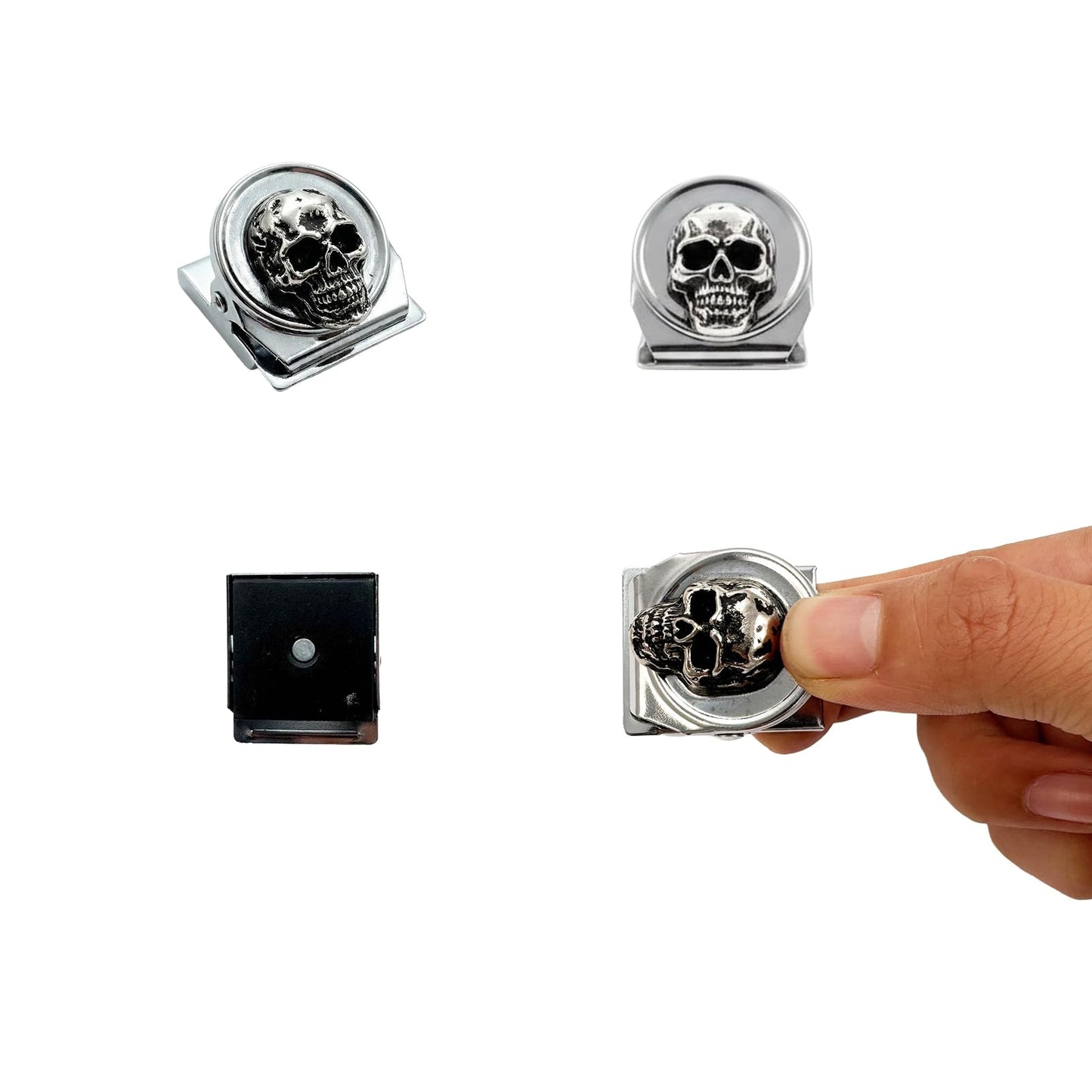 Silver Skull Fridge Magnets Set of 6 Gothic Decorative Strong Hold for Kitchen Office Whiteboard (Silver Skull Clips)