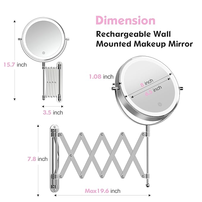 Rechargeable Wall Mounted Makeup Mirror - 8 Inch Double Sided 1X/20X Magnifying Mirror with 3 Color Lights Dimmable Touch Screen, 360°Swivel 19.6 Inch Extendable Accordion Bathroom Mirror