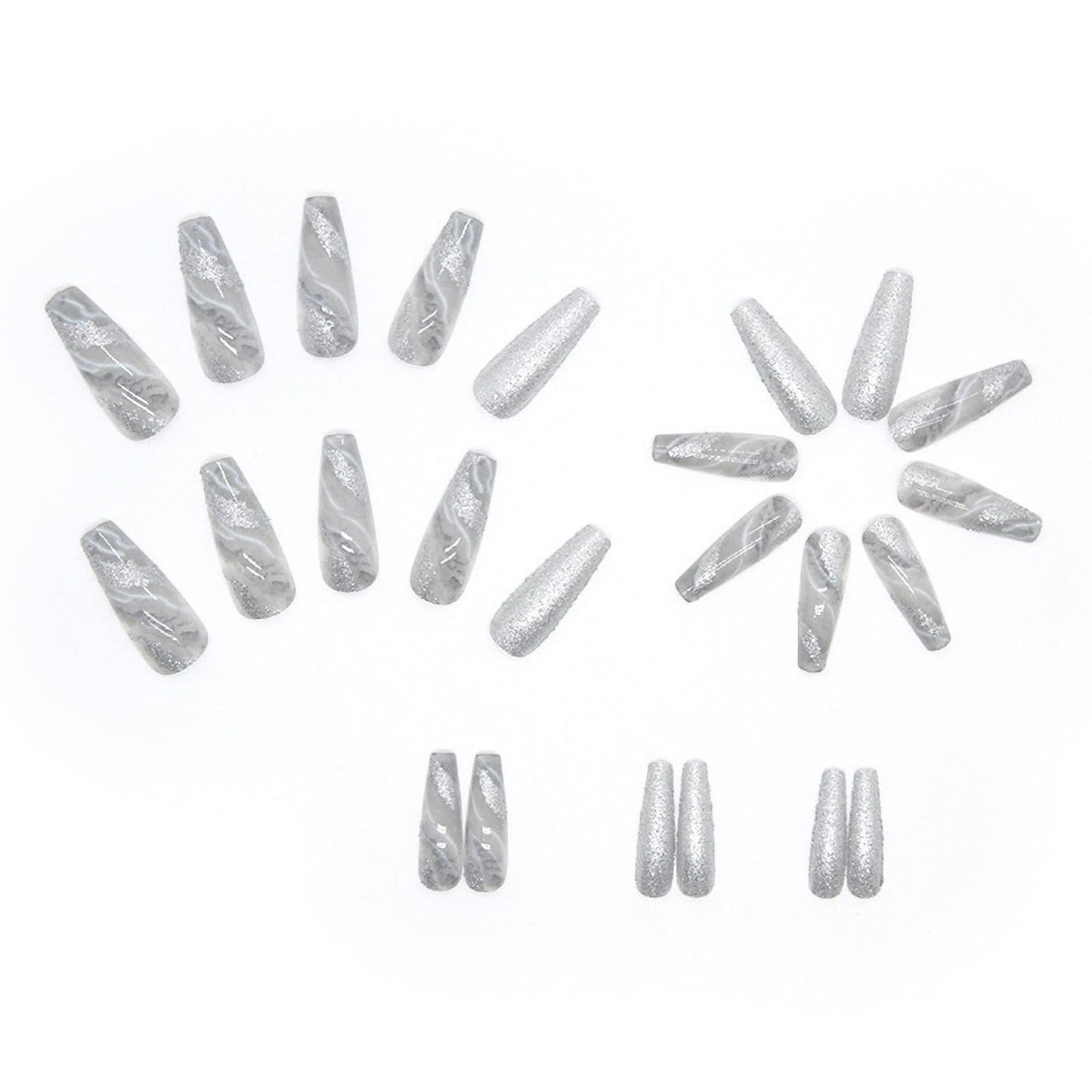 MISUD Press on Nails - Long Coffin Glue on Nails with Gray Ombre, Acrylic Bling Glitter Design 24 pcs