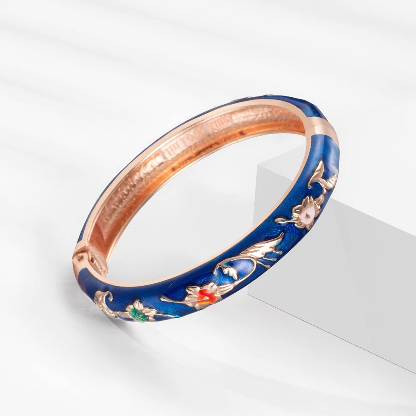 UJOY Gorgeous Bracelets Enameled Floral Cloisonne Gift Plated Cuff Bangles Jewelry Sets Box for Women 55A81-55A120 Blue red