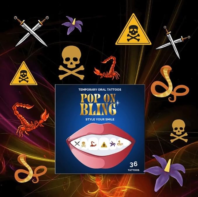 Halloween Tooth Bling Tattoo – Temporary Tooth Gem Kit for Teeth – Safe for Teens & Adults, Removable Fun Fake Tooth Tattoo Stickers for Halloween Costume, Party & Cosplay (Risky)