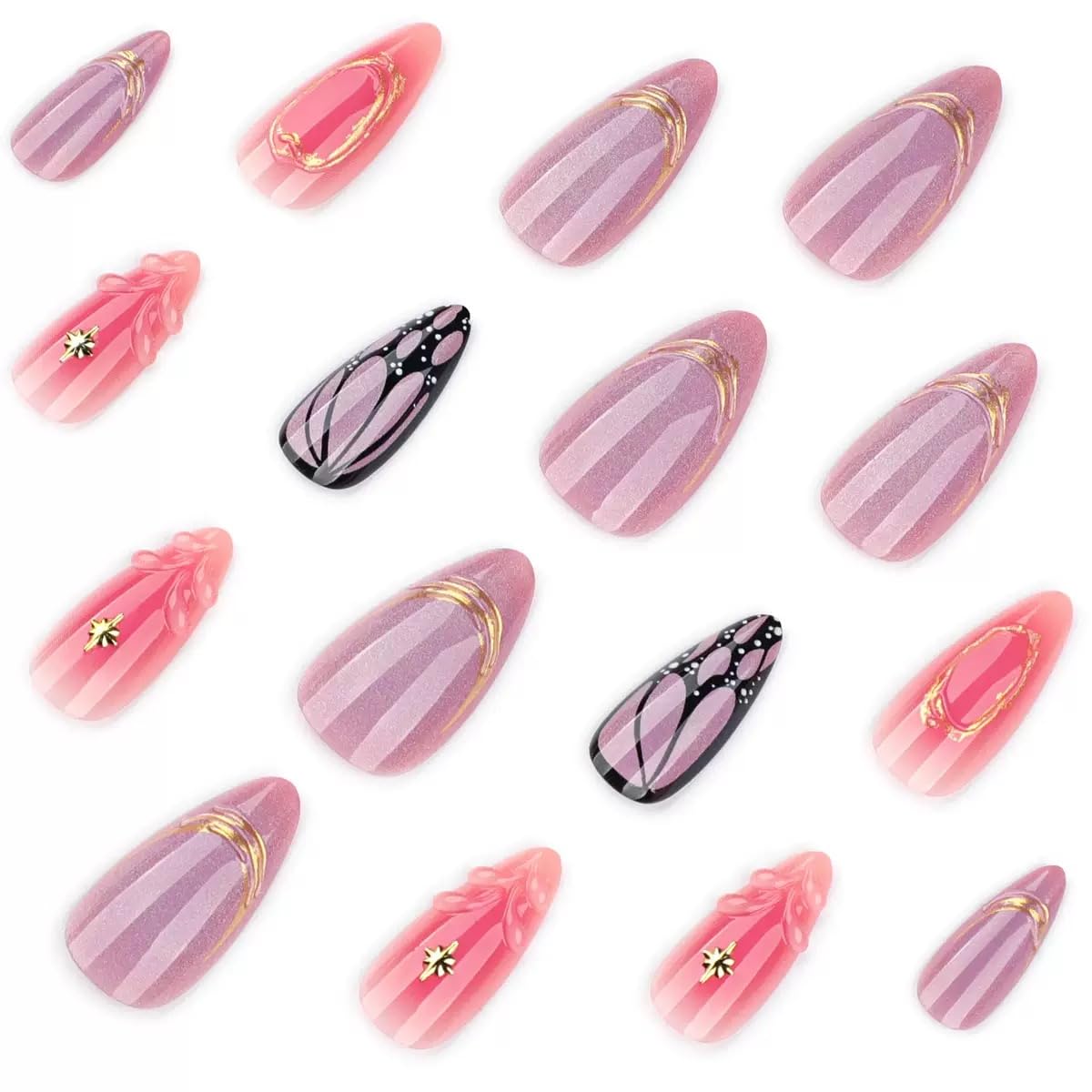 CTTHNBD Press on Nails Almond - Medium Fake Nails with Butterfly Design - Glossy, Purple False Nails Press ons - for Women 24 Pcs