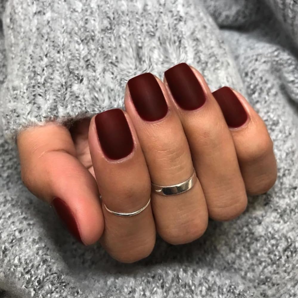 Matte Dark Red Press on Nails - Short Square, Glue on Nails - Soft Gel, Thick Reusable Solid Color Acrylic Nails - 24pcs
