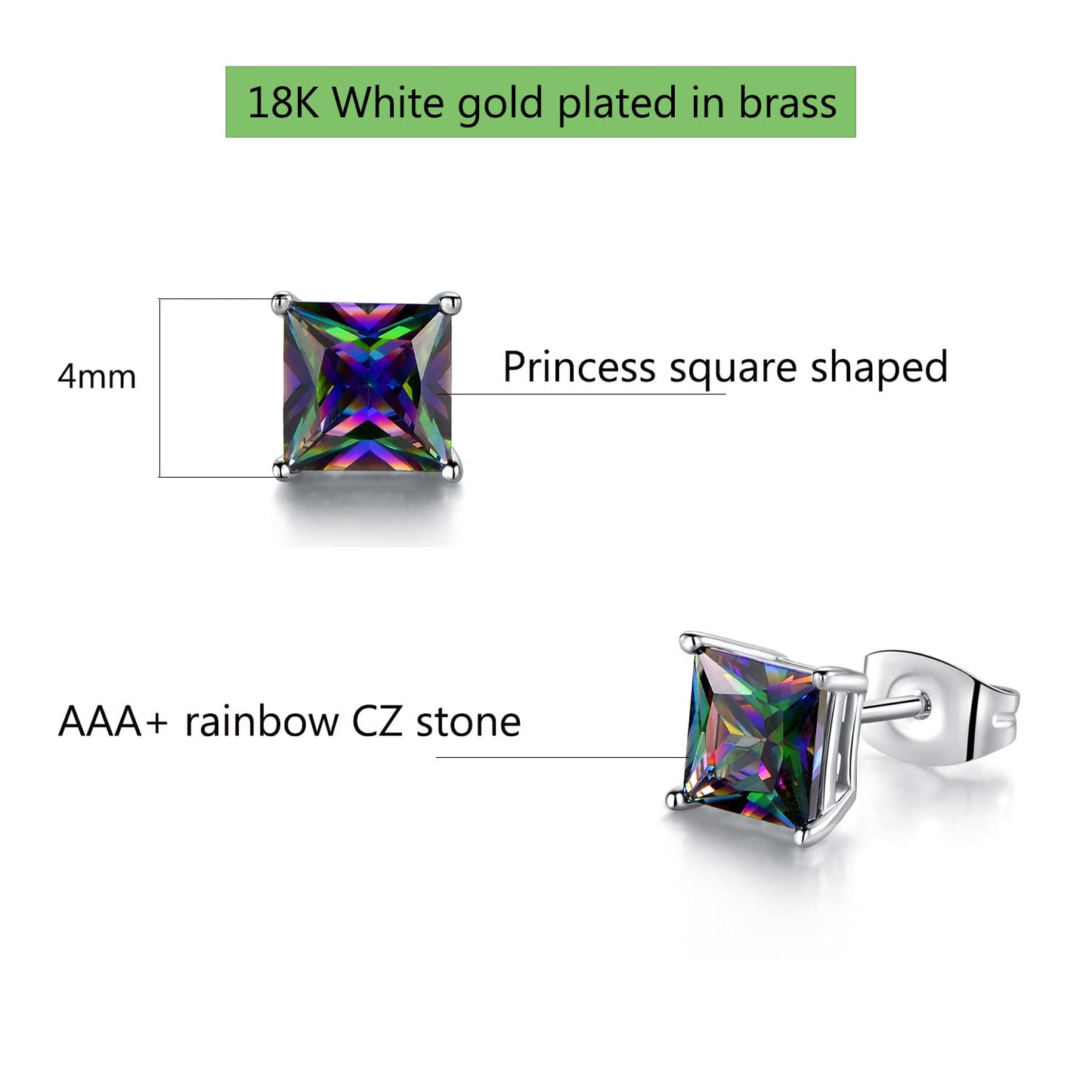 Rainbow Quartz CZ Studs Earrings Colourful Cubic Zirconia Ear Piercing 18K White Gold Plated Jewelry Gifts for Women Men(4mm square studs)