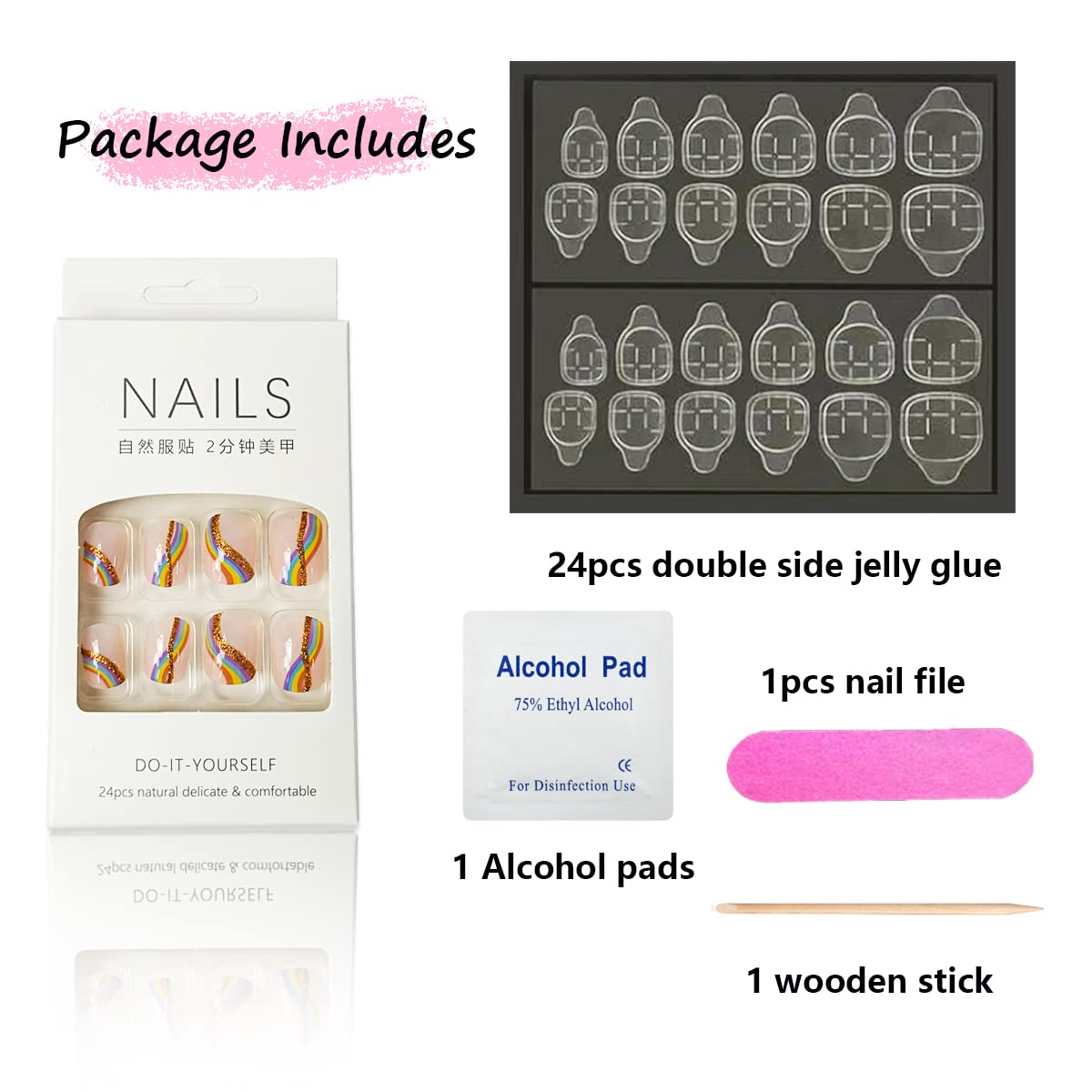 24Pcs Press on Nails Short, Rainbow Fake Nails Square, Glitter Press on Acrylic French False Nails Tips with Design, Colorful Stripes Heart Glossy Artificial Nails Gay Pride Stick On Nail