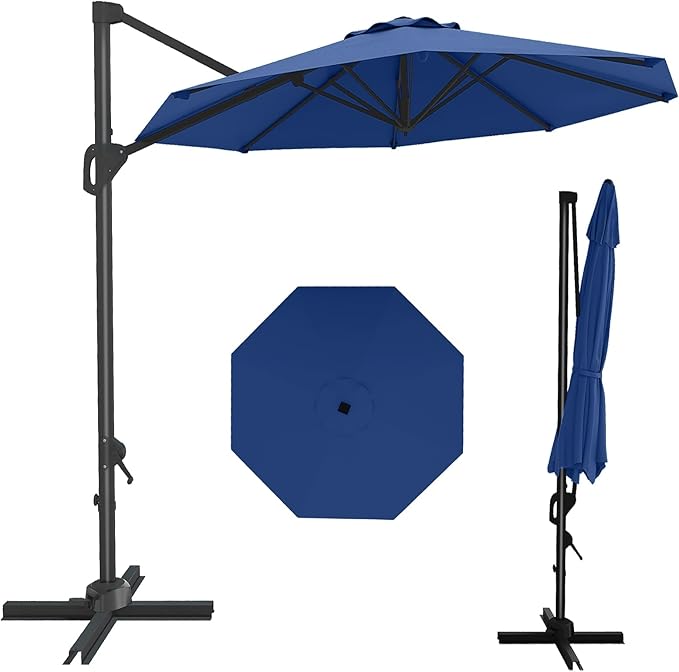 GarveeLife 10 ft Patio Umbrella Outdoor Large Cantilever Umbrella w/Base Included Market Sun Shade Windproof Offset Umbrella with 360-Degree Rotation for Garden Deck Pool Patio, Navy Blue