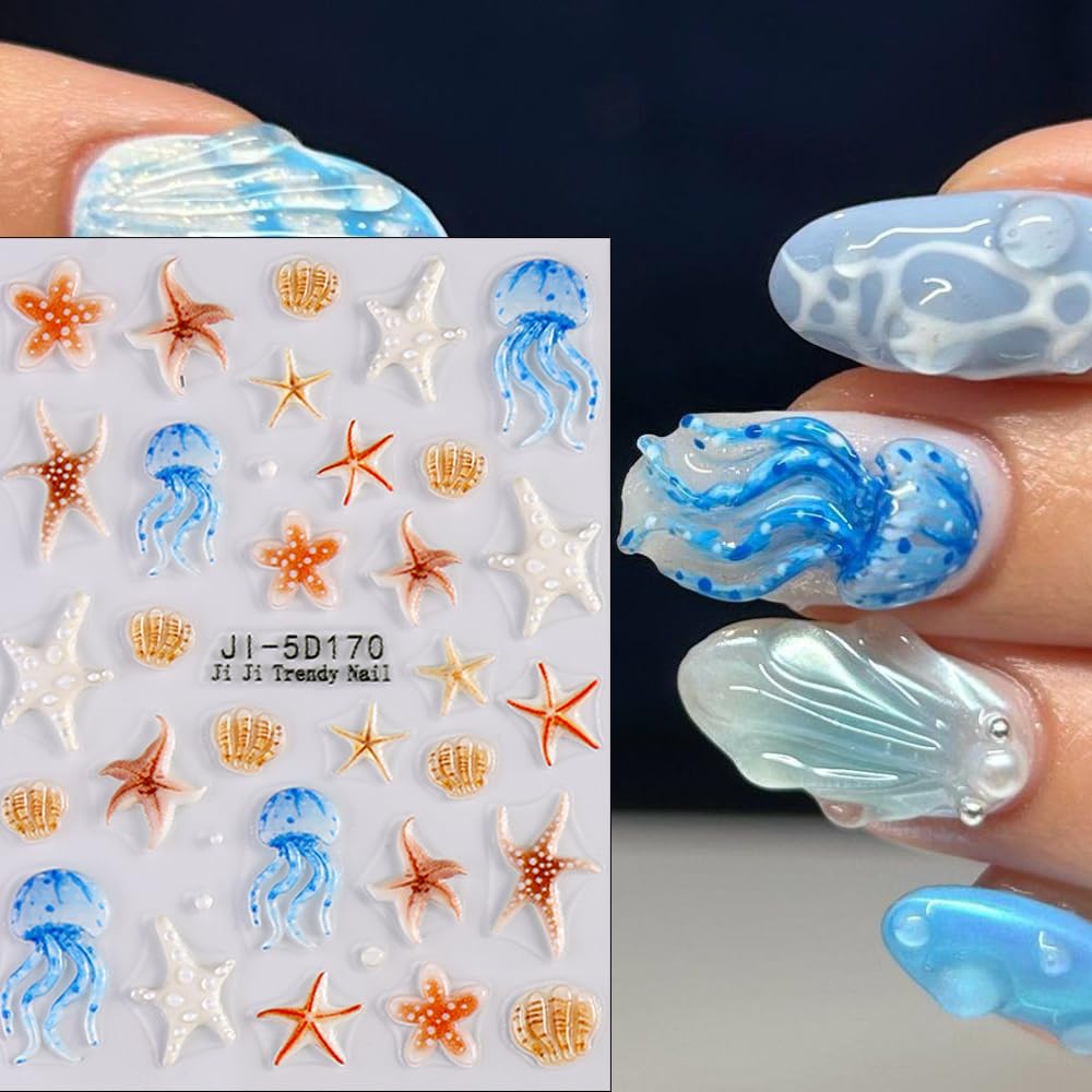 SIMAYKUWA Summer Ocean Nail Stickers | 3D/5D Ice Flower Press-on Designs | Waterproof Nail Art for Beach & Pool Parties | European & American Styles A Set of 3 Sheets