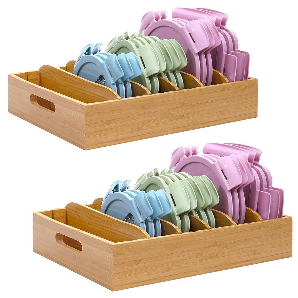 XiaoyuziTF Bamboo Lid Holder Food Container, Kitchen Organizer with 5 Adjustable Dividers, Cabinet Organizer for Food, Kitchen Gadget, Container Lids (2pcs)