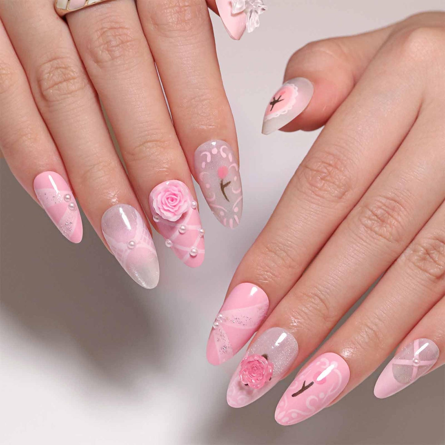 LBPEPAMZ 24Pcs Pink Press on Nails Medium Almond Fake Nails with 3D Rose Bow Pearl Rhinestones Design Pink Gradient French Tips White Acrylic False Nails Stick on Nails for Women Valentine's Day Decor