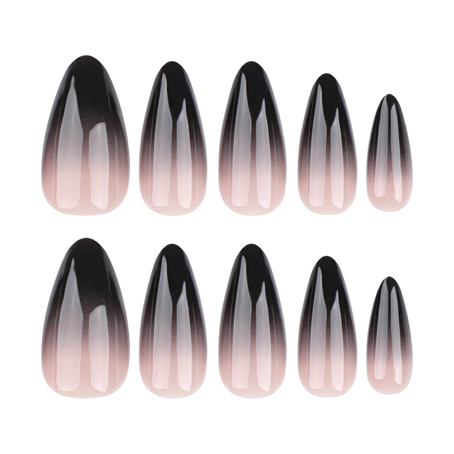MISUD Press on Nails - Medium Almond Glue on Nails with Goth Black, Acrylic Gothic Design 24 pcs