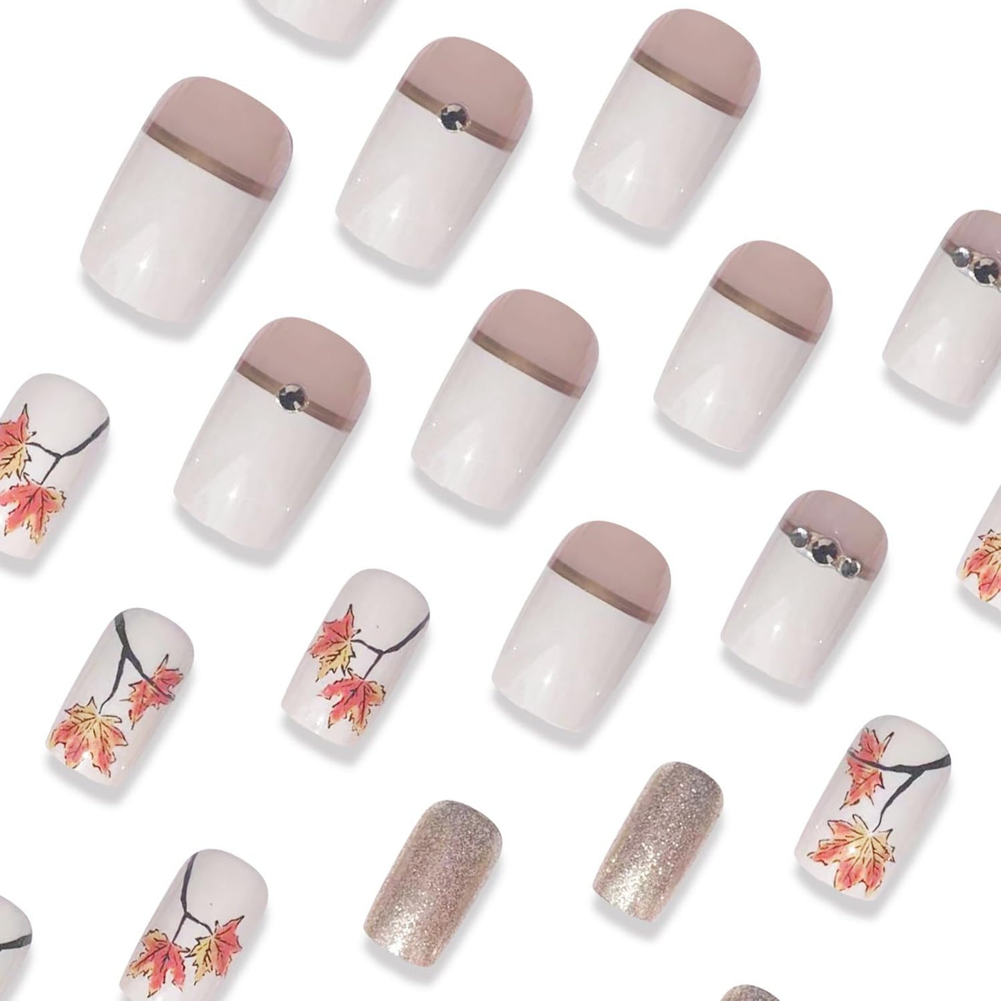 Thanksgiving Press On Short Nails Acrylic Glossy Full Cover Fall False Nails with Maple Leaf Designs Artificial Autumn Leaves Glue Ons Fake Nails for Women Girls (YS03)
