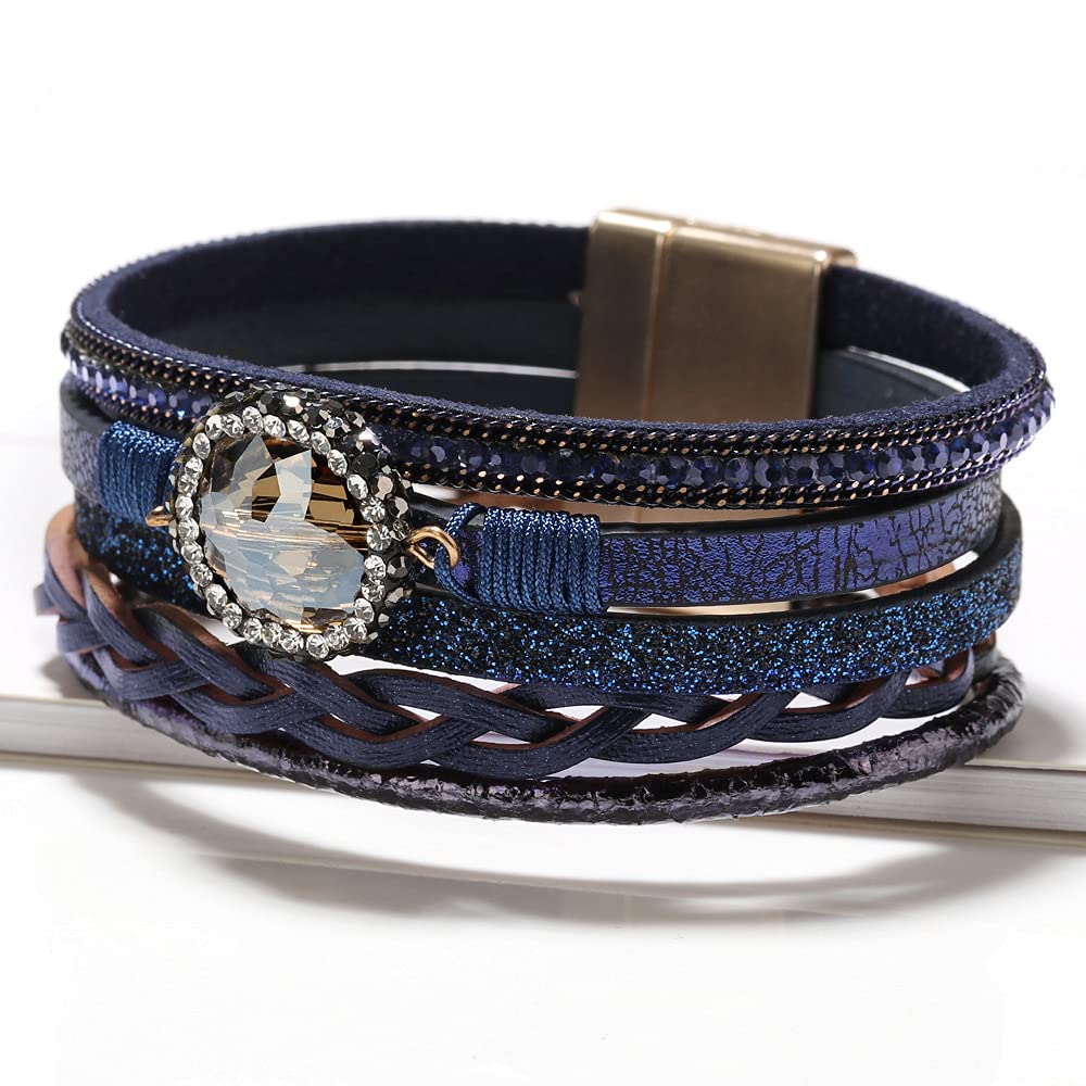 Leopard Bracelet for Women, Boho Leather Wrap Multi-Layer Pearl Crystal Bracelet Bangle Jewelry(Crystal Leather(Blue))
