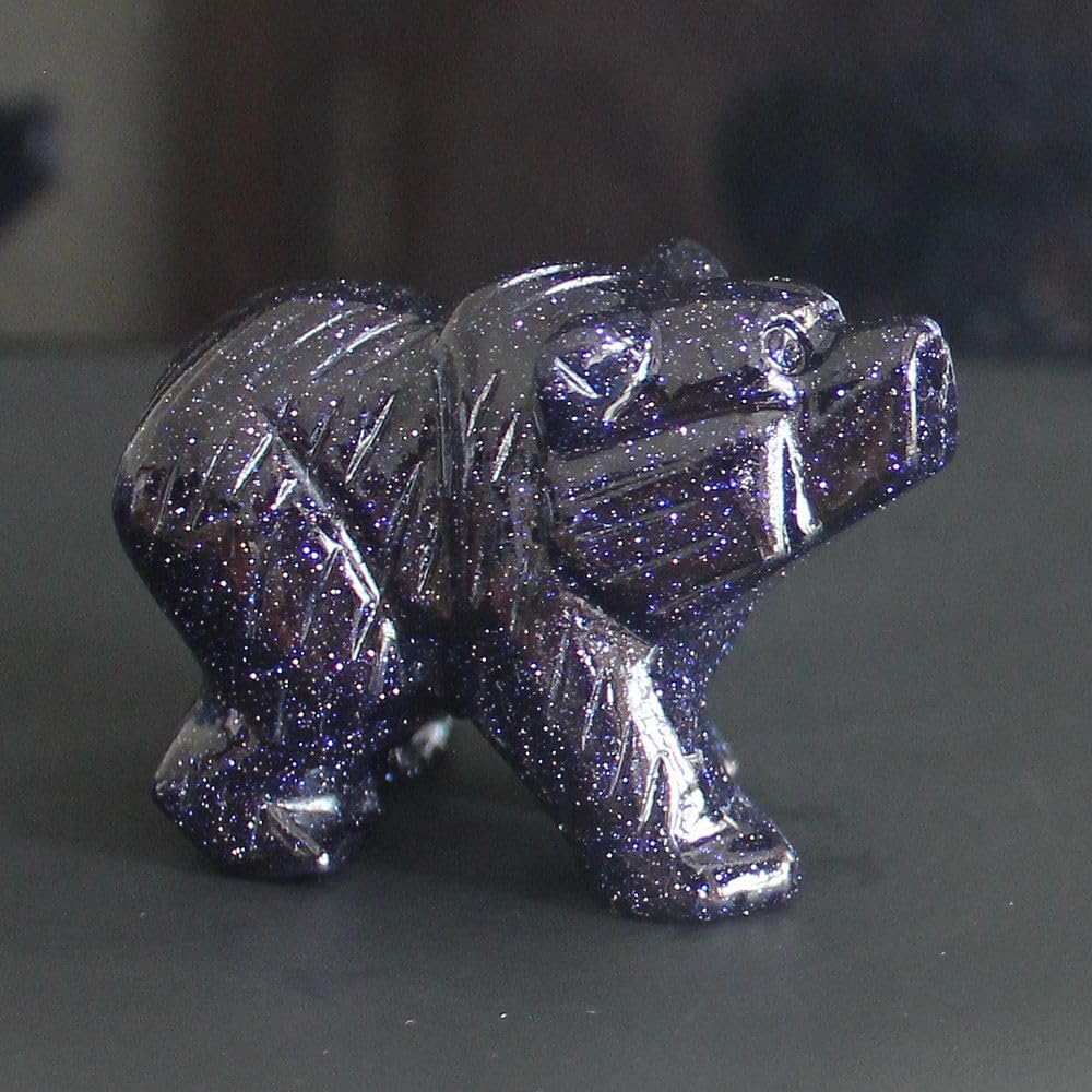 HLbshi Hand Carved Gemstone Crystal Bear Figurine Animal Statue Carving Office Home Decor Collections 2'' (Blue Goldstone)