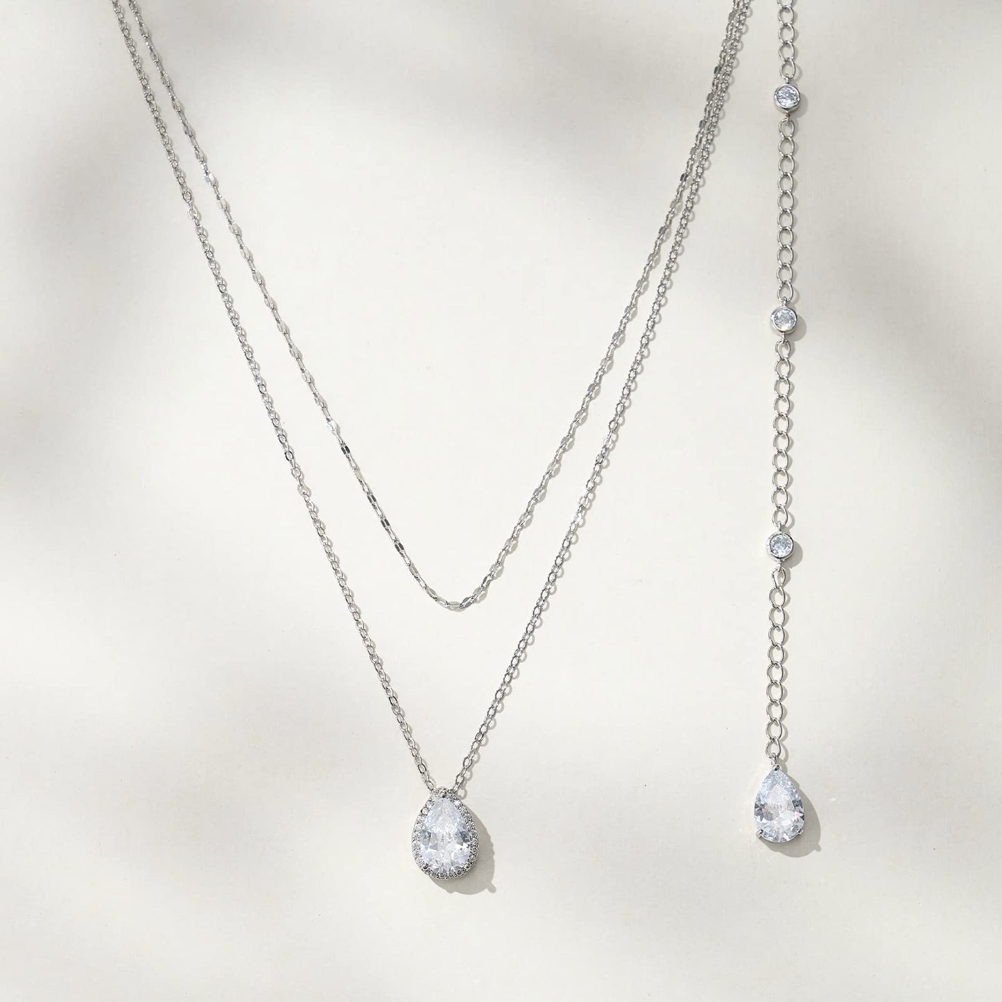 SWEETV Teardrop Wedding Back Necklace for Bride Bridesmaids, Silver Cubic Zirconia Simple Back Pendant Bridal Necklace for Wedding Party