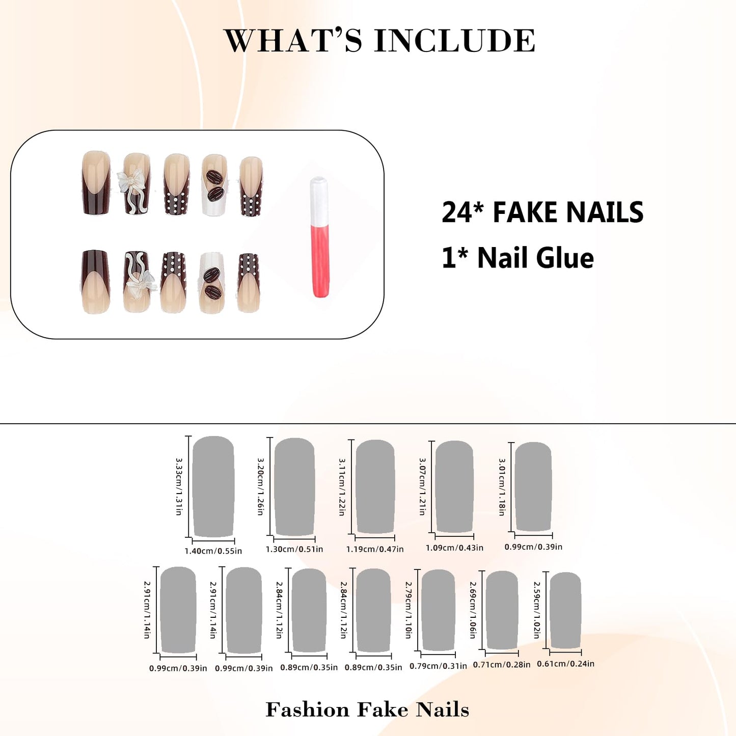 IMRAIN Square Press on Nails Long Fake Nails Brown French Tip False Nails with Polka Dot, Bow, Coffee Bean Design Reusable Artificial Handmade Stick on Nails for Women Manicure