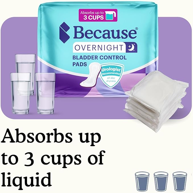 Because Incontinence Pads for Women - Extra Heavy Absorbency, Overnight Postpartum Incontinence Liners, 12hr Nighttime Leak-Free Protection, 6 Packs of 20 Count (120 Total)