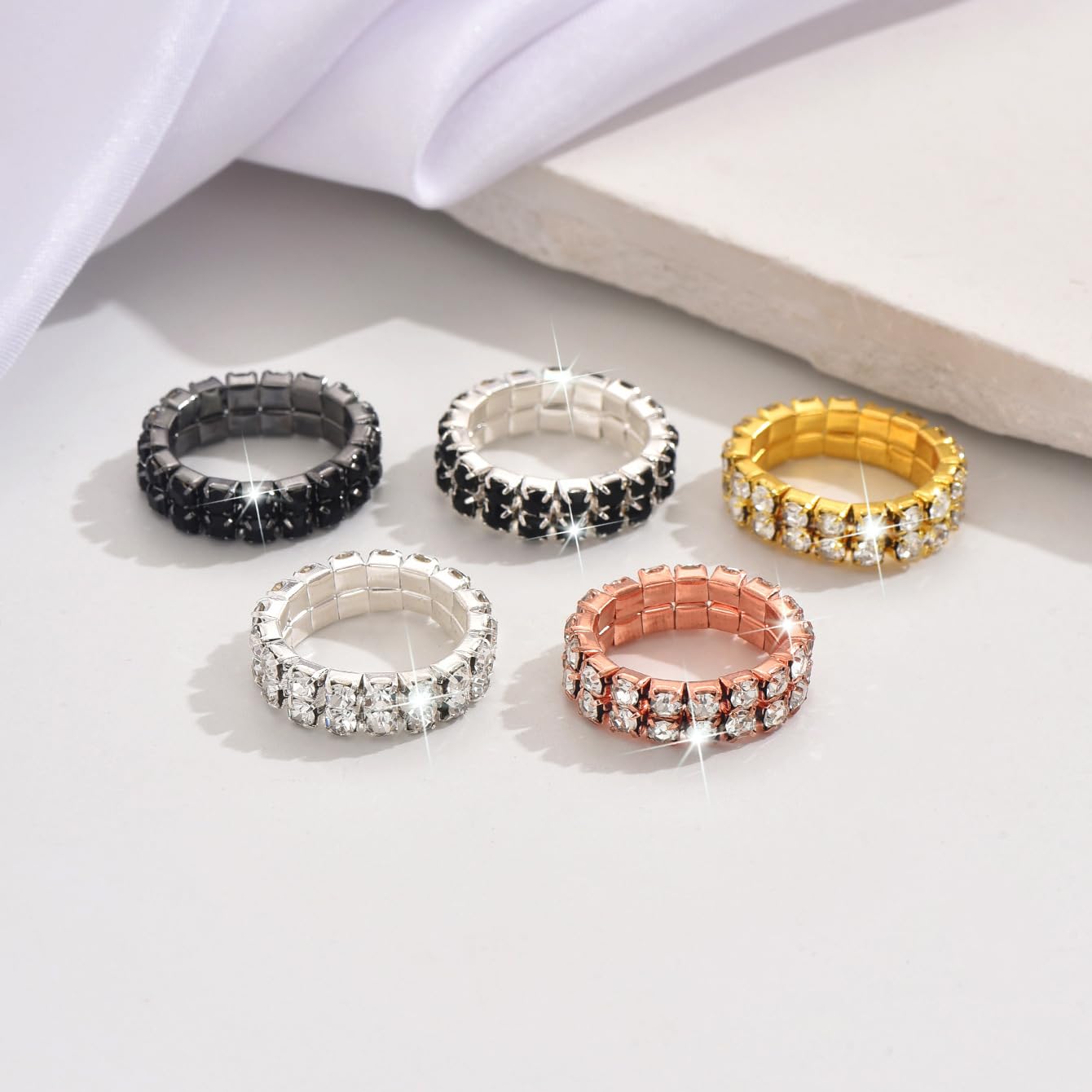 2PCS Rhinestone Stretch Ring for Women Sparkling Gold Silver Black Crystal Knuckle Ring Set Fashion Crystal Stackable Finger Rings Set Elegant Bridal Wedding Stretchy Statement Rings Jewelry (Silver)