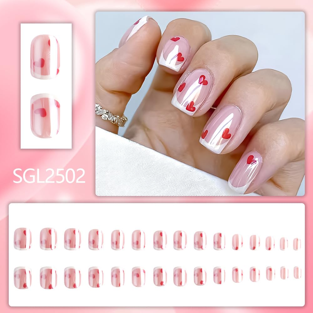 Valentine French Tip Press on Nails Short Square Fake Nails with Heart Designs Chrome False Nails Gradient Glossy Full Cover Glue on Nails Valentine Acrylic Nail for Women 24Pcs