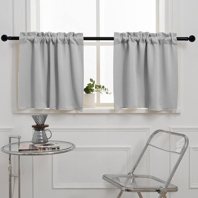 Pickluc Rod Pocket Tier Curtain - Half Blackout Curtain for Kitchen, Bathroom, Cabinet, Basement, 42 Inches Wide and 24 Inches Long, Light Grey, 2 Panels
