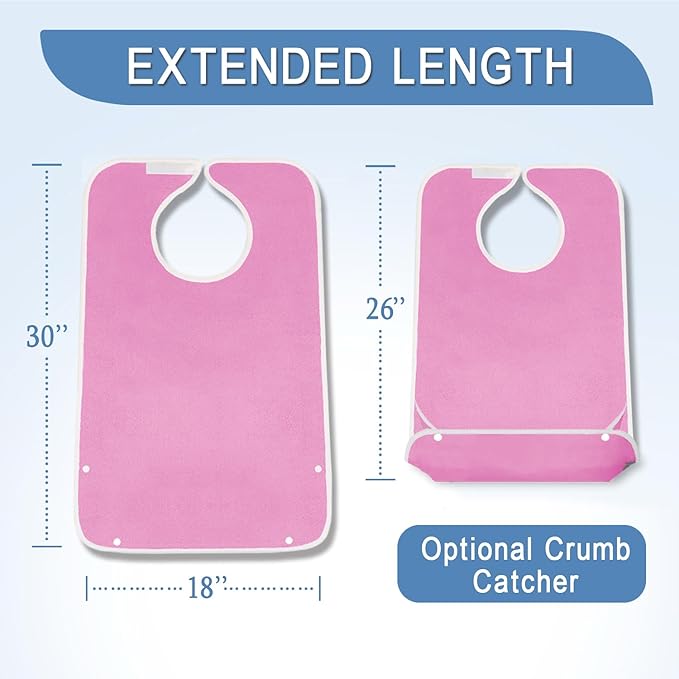 4 Pack Terry Cloth Adult Bibs with Crumb Catcher, Washable Adjustable Adult Bibs for Unisex Men Women Elderly Seniors