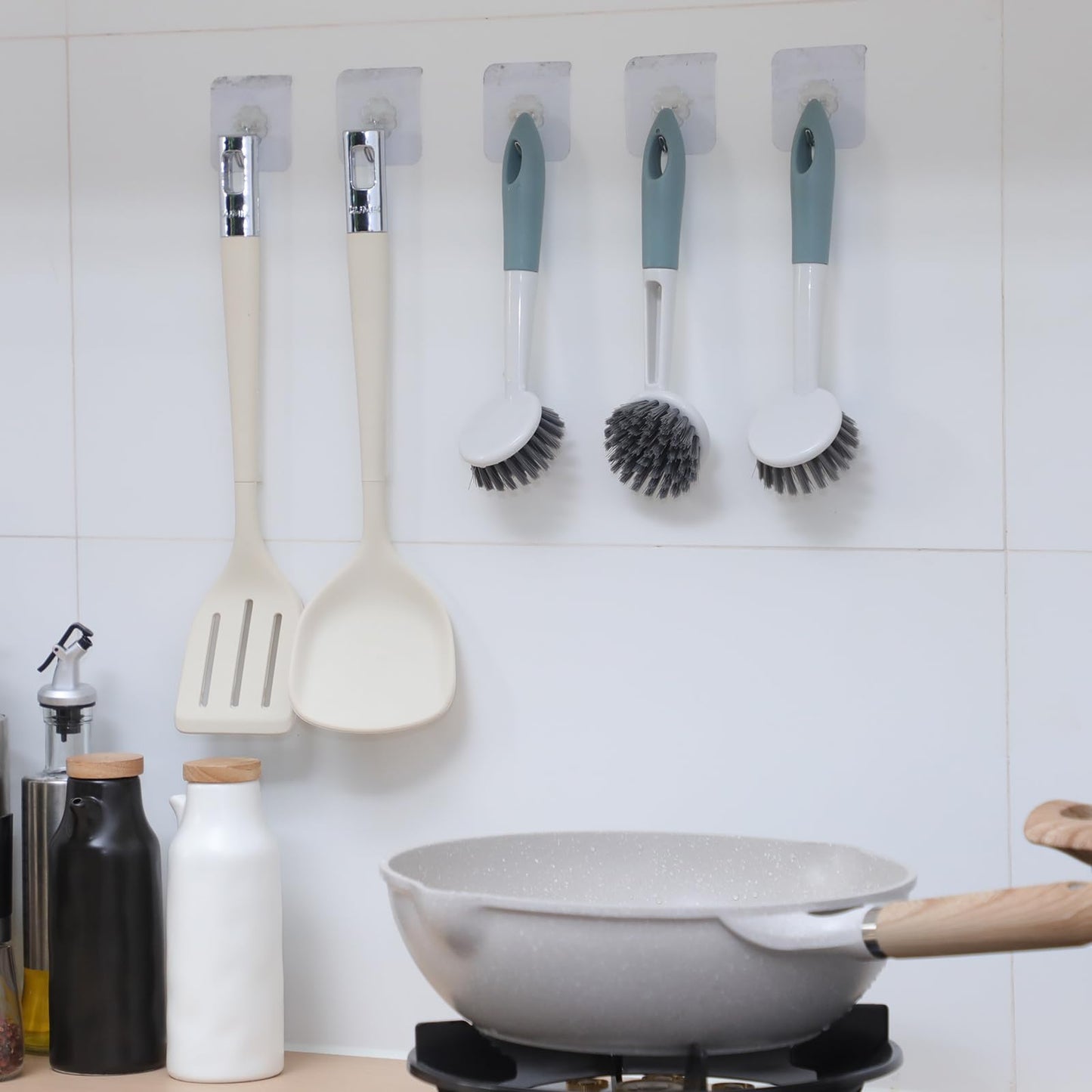 Patelai 6 Pack Kitchen Scrub Dish Brush with Long Handle Dish Scrubber with Stiff Bristles Scrub Brushes for Kitchen Dishes Washing Tools, Pots, Pans and Sink Cleaning (Celadon)
