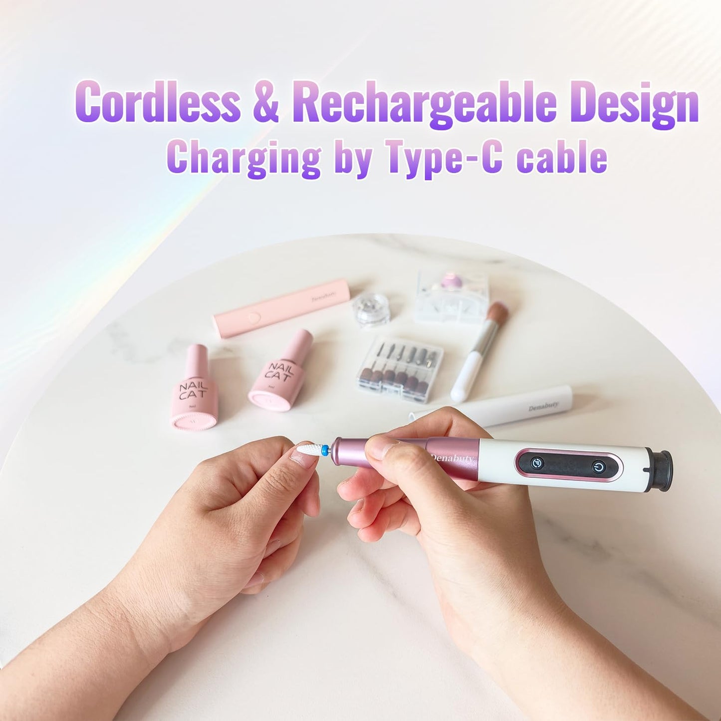 Denabuty Nail Drill Cordless, Electric Nail File 12 in 1 with LED Display, Nail Drill Machine Professional Portable Rechargeable E File for Gel Acrylic Manicure Pedicure Set with 5 Speeds Purple