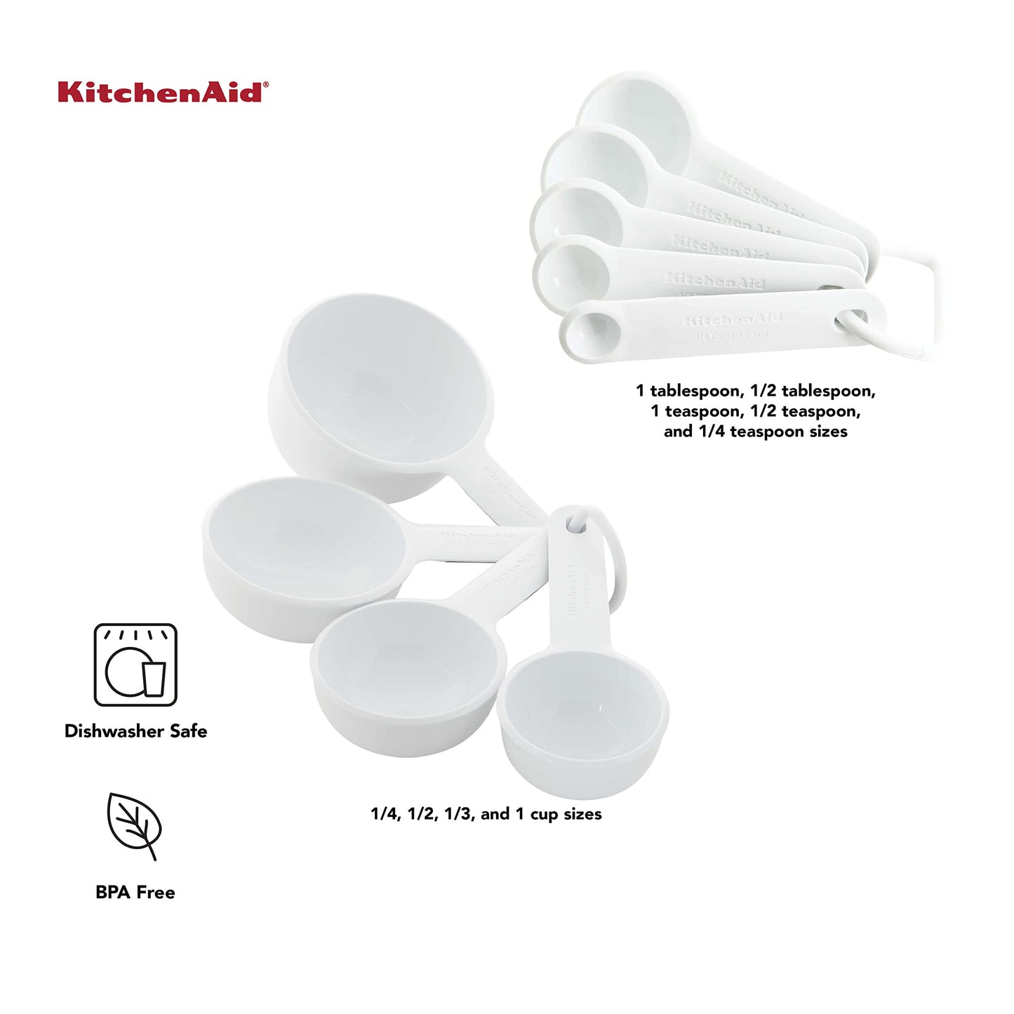 KitchenAid Universal Easy To Read Measuring Cup and Spoon Set with Soft Grip Handle for Maximum Control, Hang Hole and Nesting For Easy Storage, Dishwasher Safe, 9 Piece, White