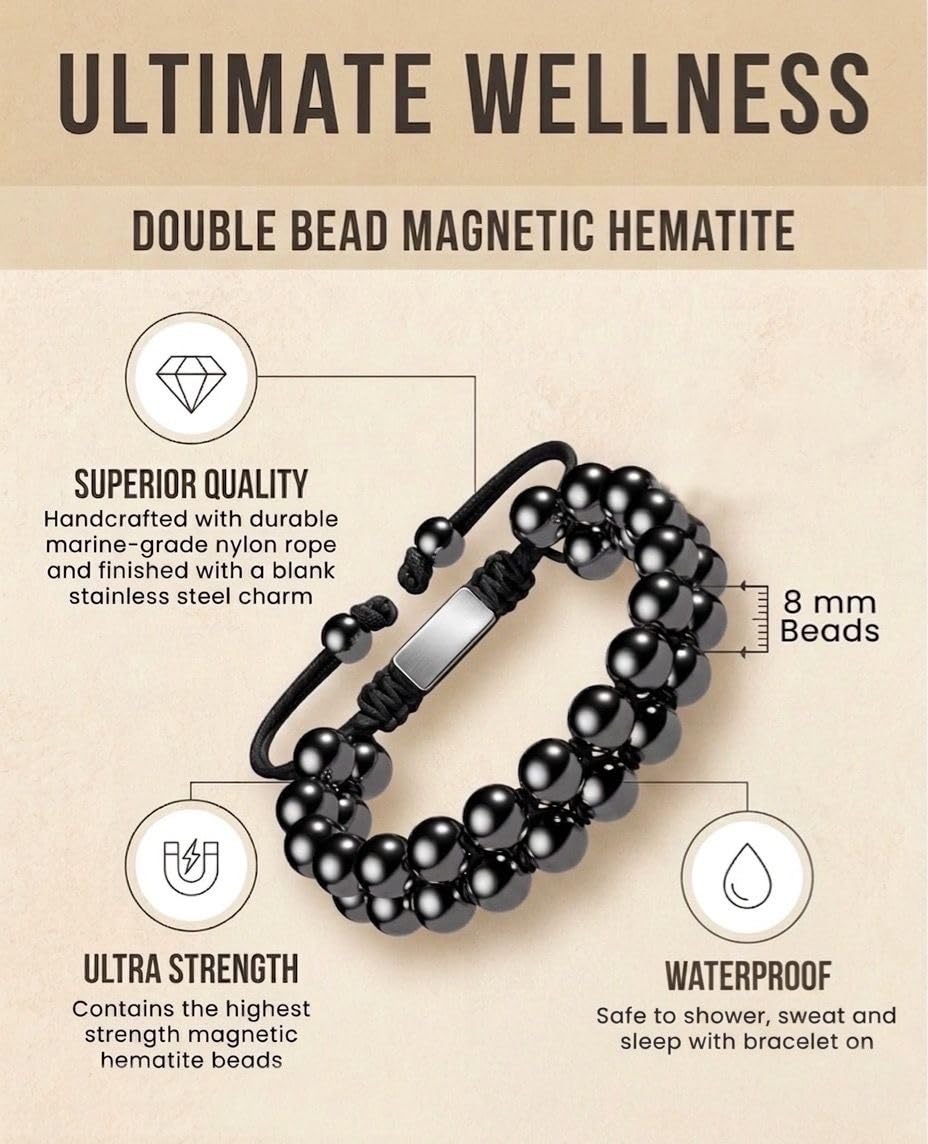 TUBIANCA Magnetic Hematite Bracelet – Strong Magnetic Beaded Bracelet for Men & Women – Adjustable Double Layer Stone Bracelet (8mm Beads, Black)