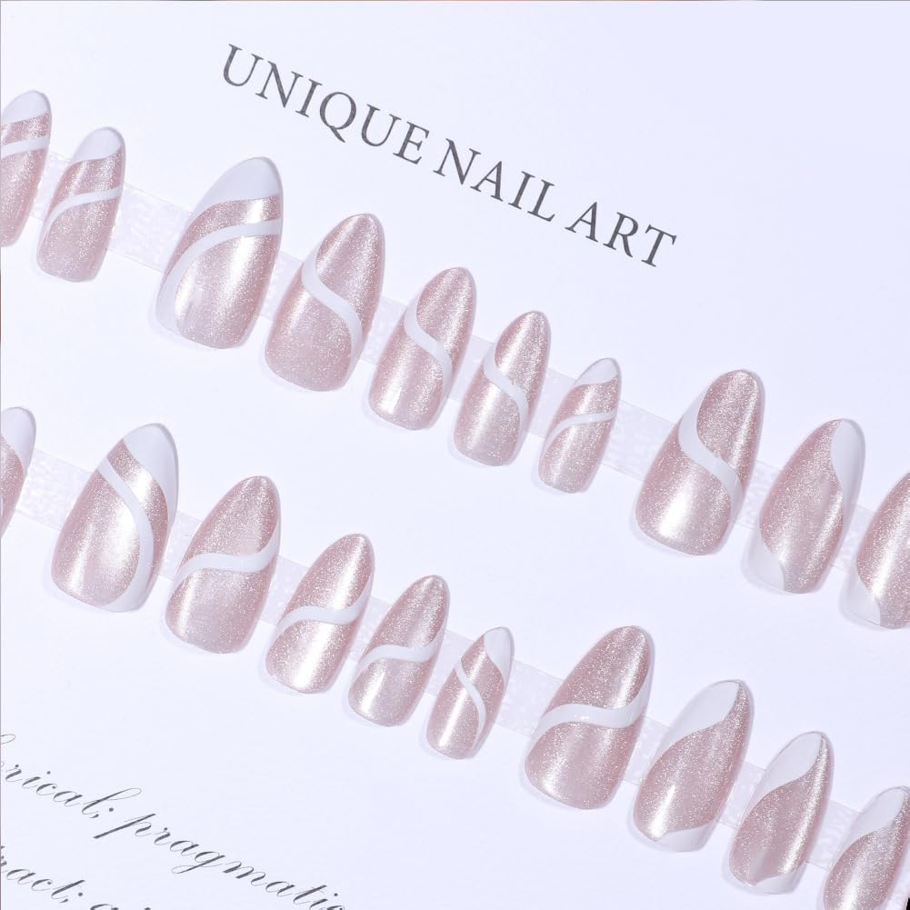 WAFOLOZE Press On Nails Long Almond Fake Nails Holiday Nail Press Ons With Simple White Lines Cat's Eye Design, Artificial False Nails Stick On Nails for Women-30Pcs