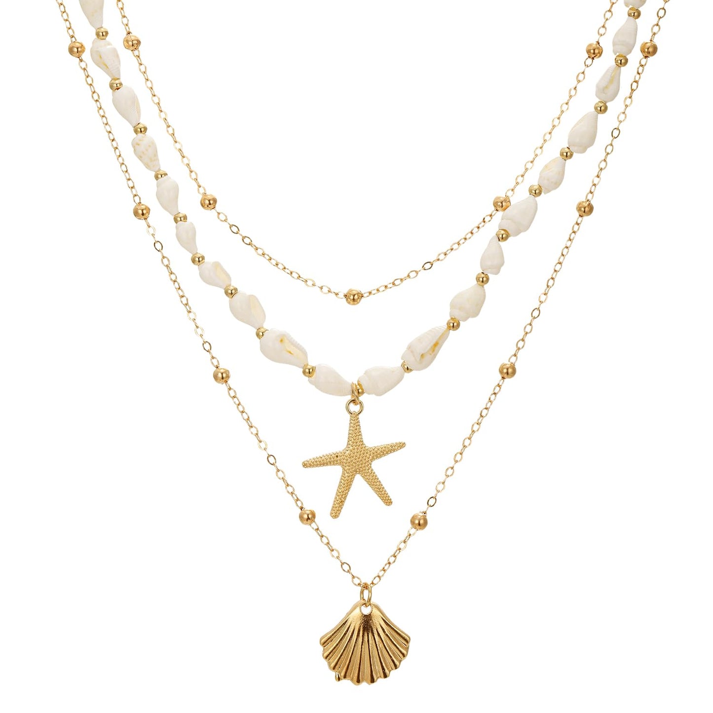 Seashell Starfish Necklace for Women Summer Pearl Beach Conch Shell 14k Gold Layered Dainty Choker