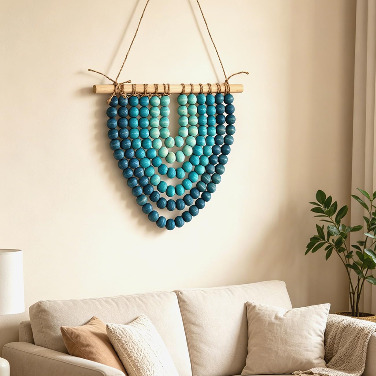 Boho Wooden Bead Garland Wall Hanging Tapestry Ombre Blue Gradient Handmade Wood Beaded Macrame Wall Art Natural Theme Wall Decor for Living Room Bedroom Nursery Dorm Coastal Home Office Decoration