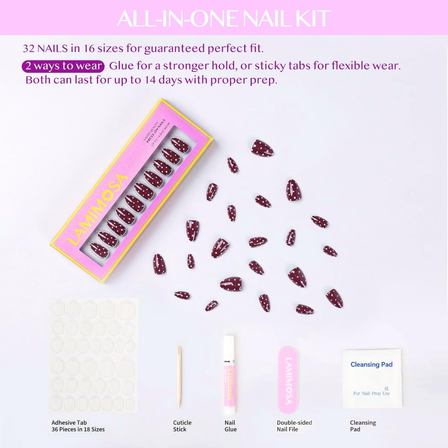 LAMIMOSA 32Pcs Press On Nails Short Almond - Soft Gel Fake Nails in 16 Sizes, Reusable Glue on Nails Kit, DOT DOT DOT