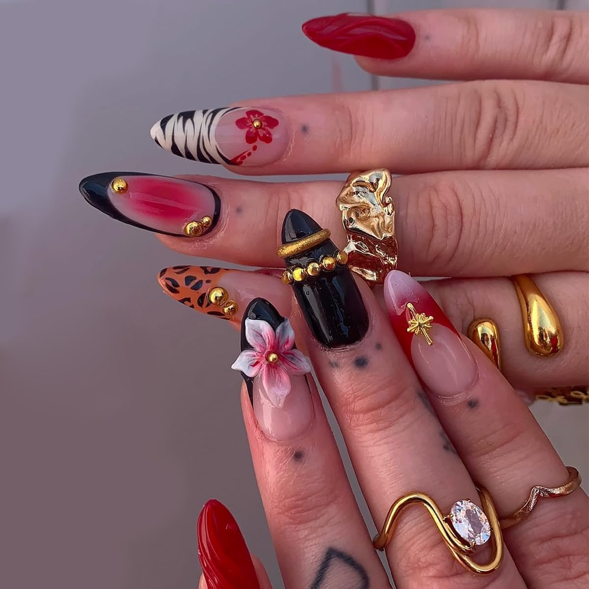 plalely Stiletto Press on Nails Long Red Fake Nail Zebra StripeAcrylic Nail Press ons with 3D Flower DesignStick on Nails for Women 24pcs
