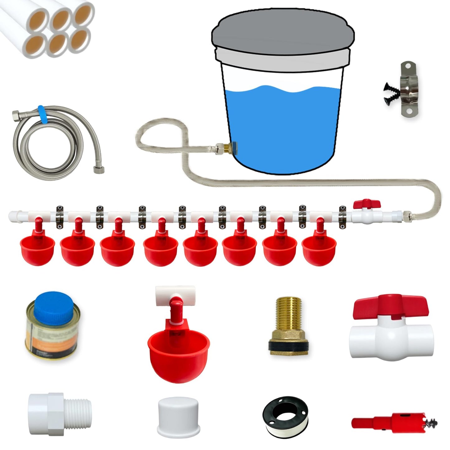 Automatic Chicken Watering System with 1/2" PVC Pipe and Chicken Waterer Cups, Stainless Steel Hose, Leak-Proof and Easy-Assembly Chicken Waterer Feeder Kit for Coops