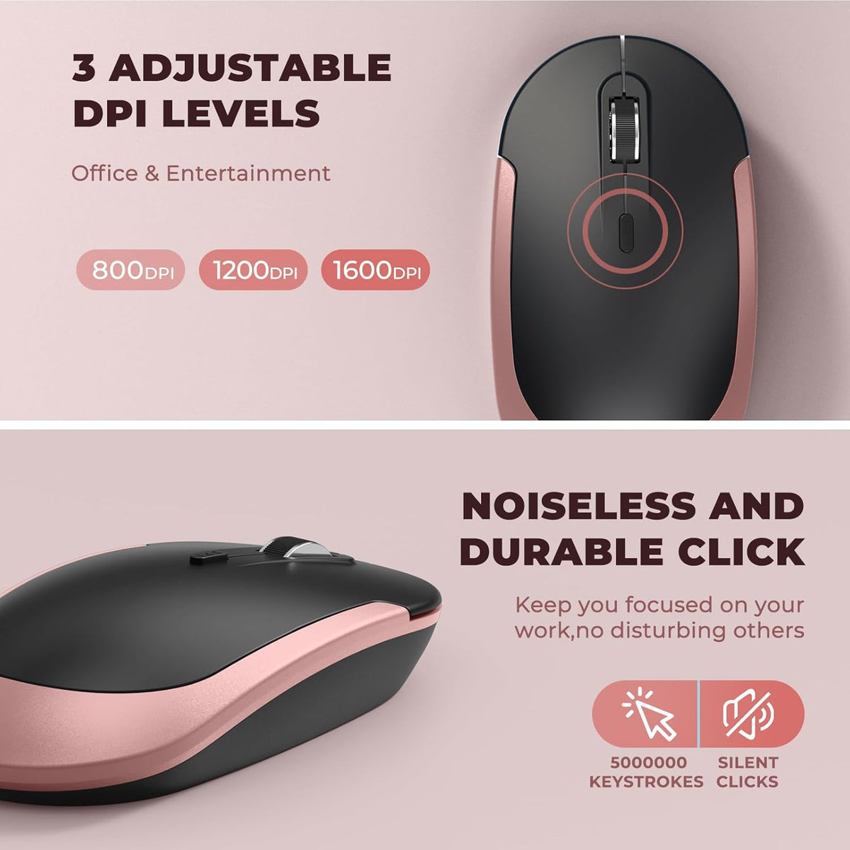 Wireless Keyboard and Mouse, Vssoplor 2.4GHz Rechargeable Compact Quiet Full-Size Keyboard and Mouse Combo with Nano USB Receiver for Windows, Laptop, PC, Notebook-Black and Rose Gold