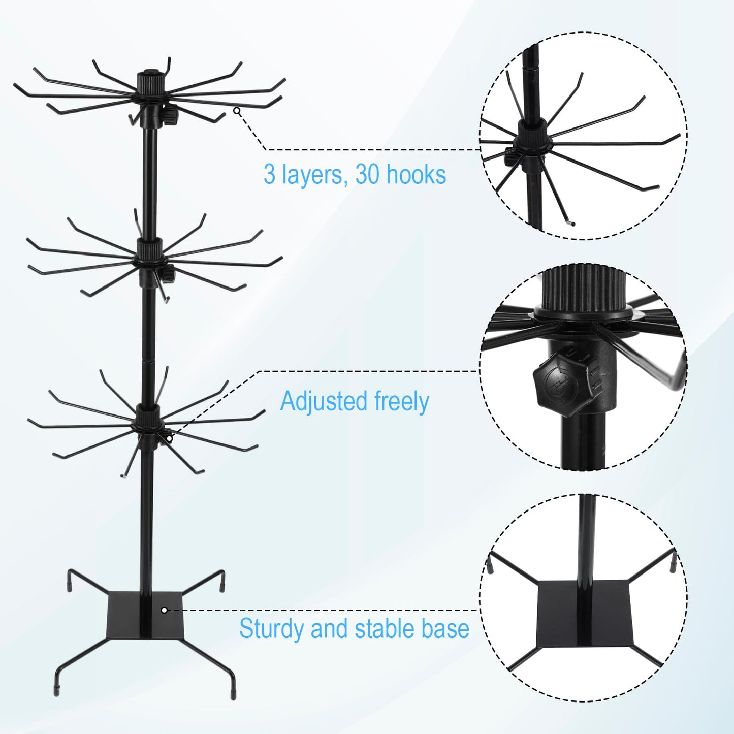 COMNICO Rotating Jewelry Display Stand with 200 Pcs Bracelet Display Cards, 3 Tier Metal Adjustable Jewelry Displays Rack with Hooks for Necklace Earrings Key Rings Hats Socks