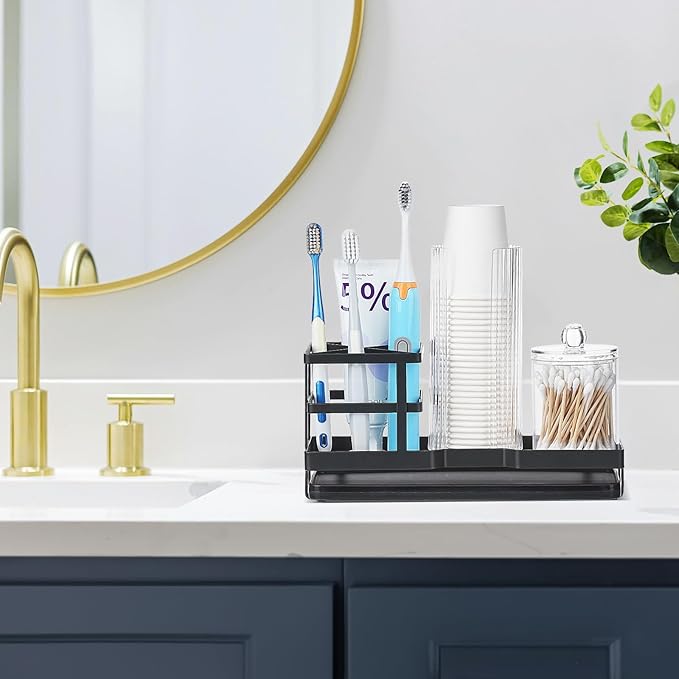 MYITYARD Toothbrush Holders for Bathrooms, Cotton Swabs & Cups Dispenser Set - Metal Electric Tooth Brushing & Toothpaste Countertop Organizer with Drainage for Shower, Sink - Black