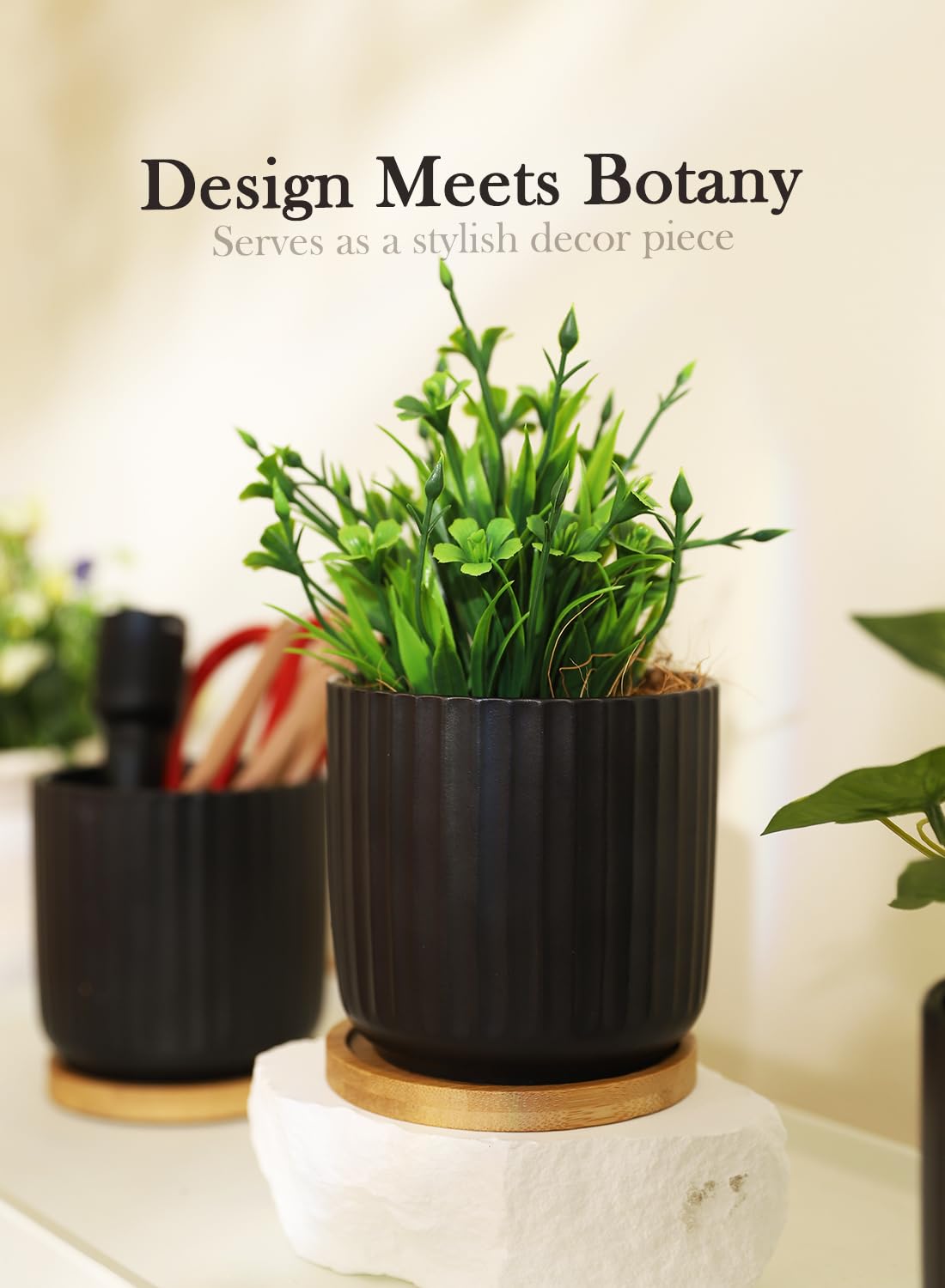 OMAYKEY 4 Inch Ceramic Plant Pot with Saucer, Small Planters Pots with Drainage Hole and Mesh Pads for Succulent, Cactus, Herbs, Stripe Pure Black